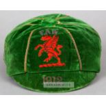 Green Wales International cap awarded in 1912, the green velvet cap with gilt braiding,