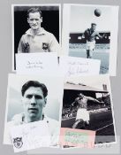 Four b & w photographs of British footballing legends with autographs, including John Charles,