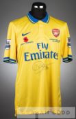 Per Mertesacker double signed yellow and blue Arsenal Poppy no.4 away jersey v Manchester United