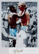 Pele signed b&w, colour photographic print montage 'Pele and Bobby Moore', featuring both players