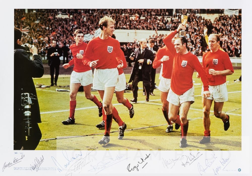 A signed 1966 England FIFA World Cup winning team celebration poster, 10 signatures, comprising: