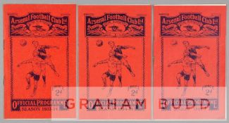 A trio of Arsenal v Rangers friendly match programmes, played at Highbury in the 1930s, comprising