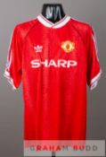 Red Manchester United no.13 substitute's home jersey, circa 1991, by Adidas, short-sleeved with