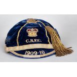 Civil Service Football Club cap awarded in 1909-10, the navy velvet cap with gilt tassel and