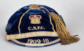 Civil Service Football Club cap awarded in 1909-10, the navy velvet cap with gilt tassel and