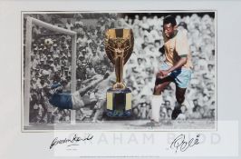 Pele and Gordon Bank duel signed b&w colour photographic print montage, featuring both players