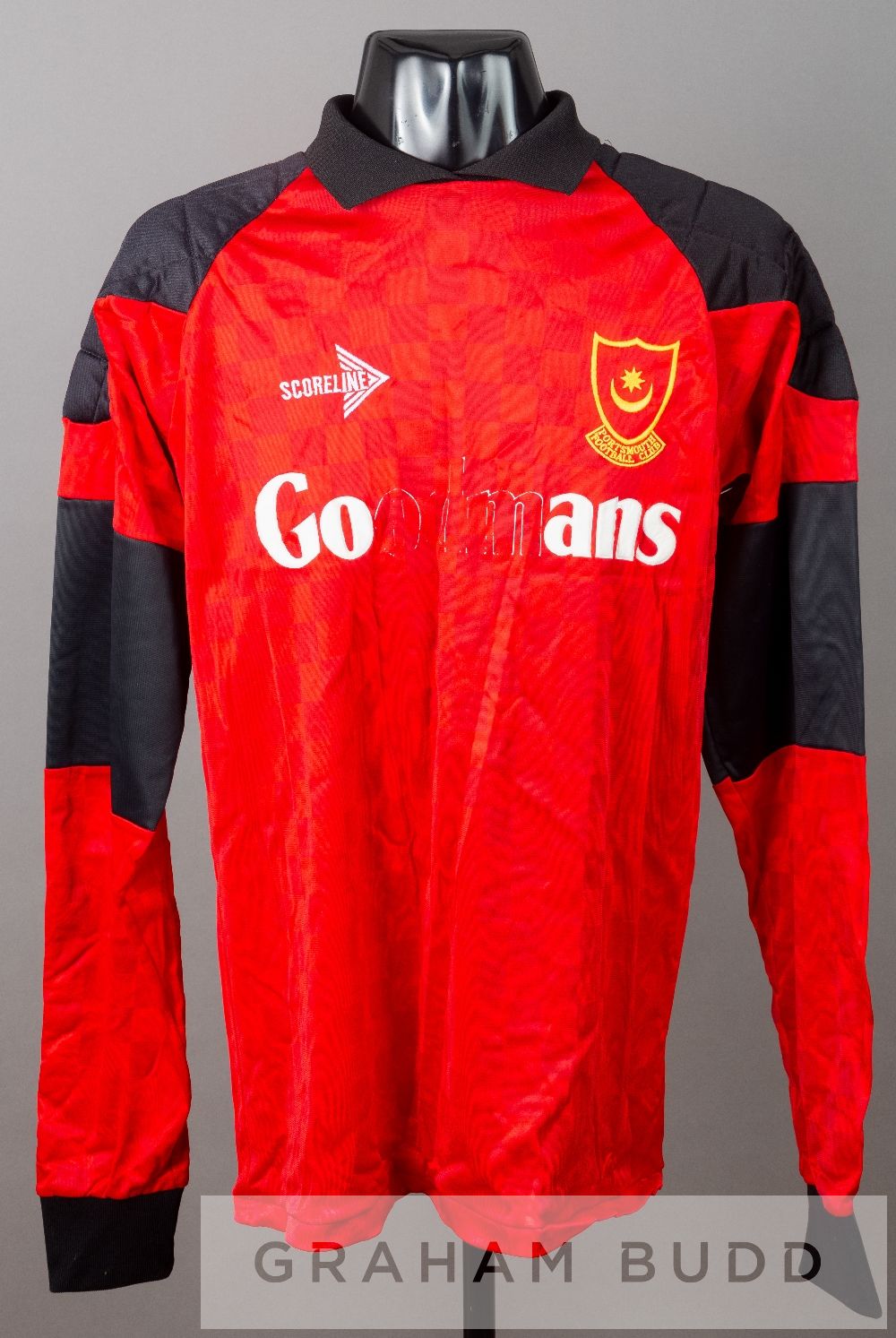 Alan Knight red and black Portsmouth no.1 goalkeeper's jersey, circa 1990, by Scoreline, long-