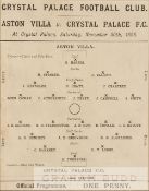 Crystal Palace v Aston Villa programme played at the Crystal Palace Stadium 30th November 1895,