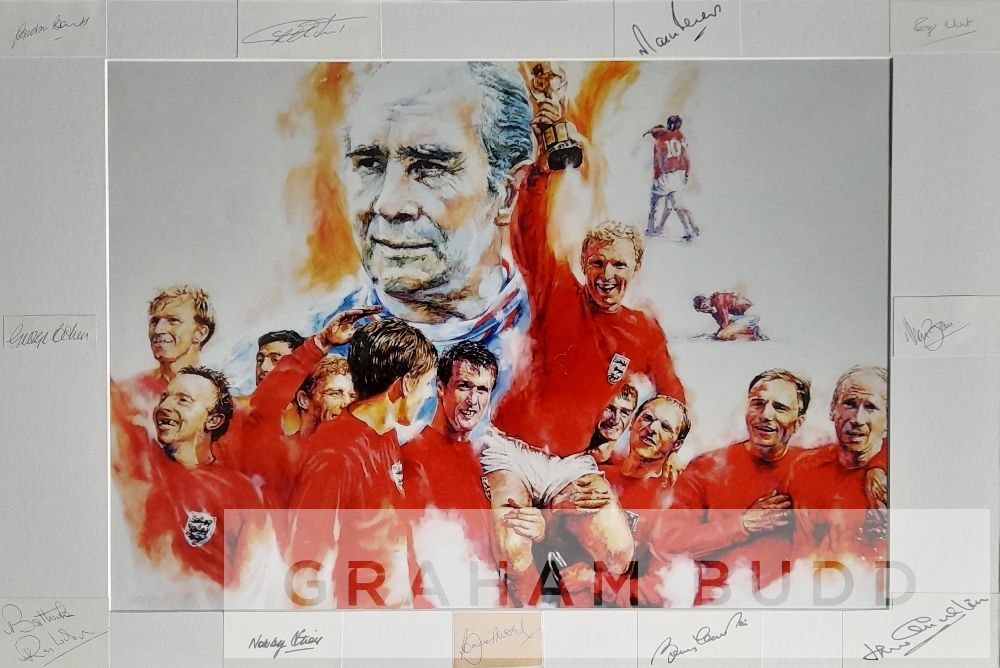 England 1966 World Cup Winners autographed montage, artist drawn print featuring the iconic image of