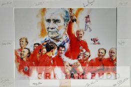 England 1966 World Cup Winners autographed montage, artist drawn print featuring the iconic image of