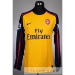 Denilson yellow and navy Arsenal no.15 away jersey in the Premier League, season 2008-09, long-