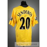 Philippe Senderos signed yellow Arsenal No.20 away jersey, season 2005-06, short-sleeved, with