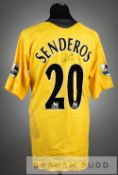 Philippe Senderos signed yellow Arsenal No.20 away jersey, season 2005-06, short-sleeved, with