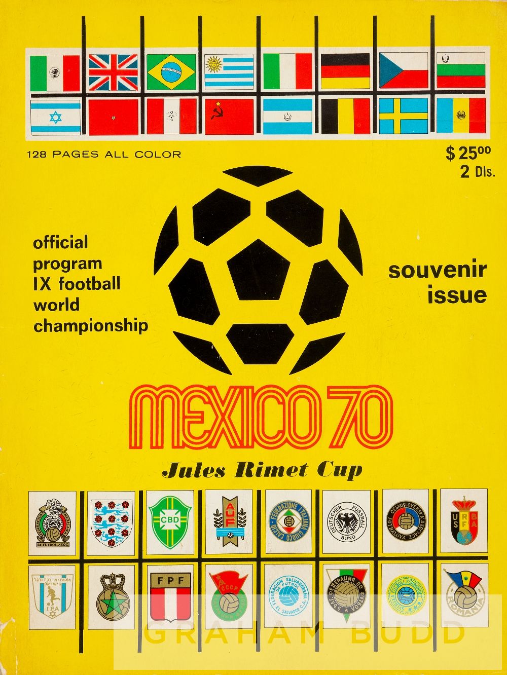 Yellow English language edition of the Mexico 1970 World Cup Official programme, reasonably good