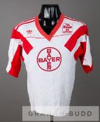 White and red TSV Bayer 04 Leverkusen Bundesliga no.19 jersey, season 1989-90, by Adidas, short-