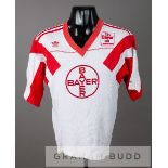 White and red TSV Bayer 04 Leverkusen Bundesliga no.19 jersey, season 1989-90, by Adidas, short-