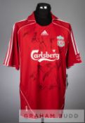 Fernando Torres team signed red and white Liverpool no.9 replica home jersey, season 2007-08,