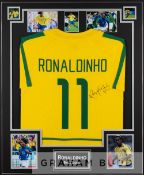 Ronaldinho signed yellow and green Brazil No.11 home replica jersey,  short-sleeved, reverse