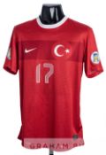 Burak Yilmaz signed red Turkey No.17 home jersey from the 2014 FIFA World Cup Qualifiers, short-