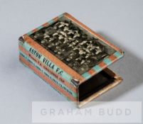 Aston Villa FC 1920-21 fixtures matchbox holder, the metal matchbox holder bearing a b & w team