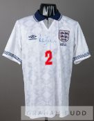 Lee Dixon signed white England No.2 Euro 1992 jersey,  by Umbro, short-sleeved with embroidered