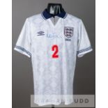 Lee Dixon signed white England No.2 Euro 1992 jersey,  by Umbro, short-sleeved with embroidered