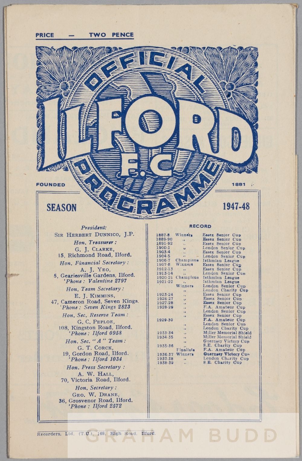 Two England Amateur International programmes played at Ilford FC in season 1947-48, a triangular