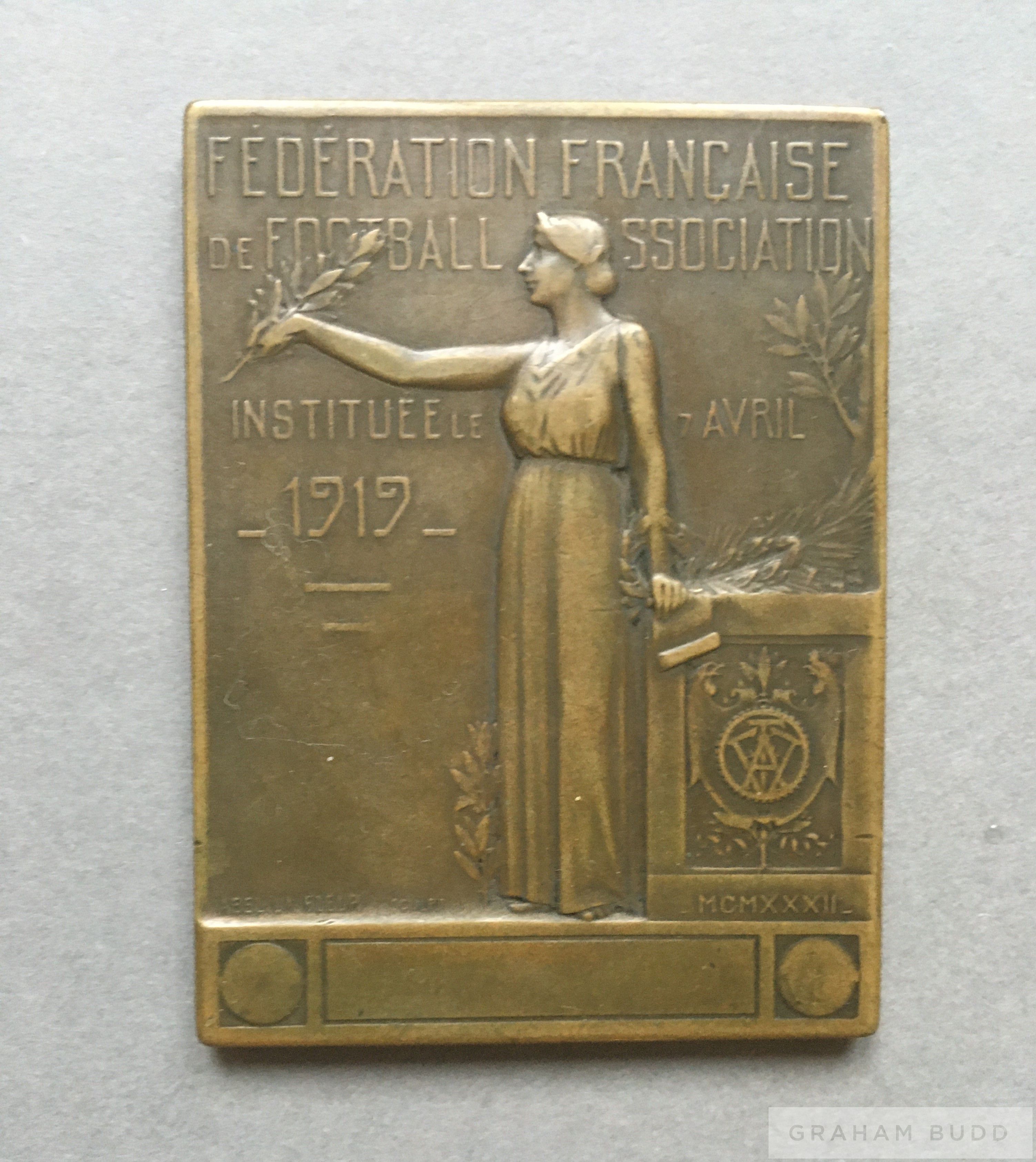 French Football Association medal plaquette for the International friendly v England in Paris,