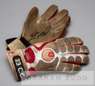 Chelsea's Carlo Cudicini signed Uhlsport goalkeeper's gloves, red, white and silvered gloves with