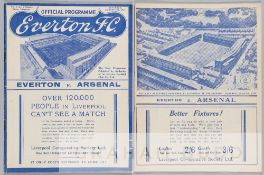 Two 1930s Everton v Arsenal programmes, both Football League fixtures played at Goodison Park,
