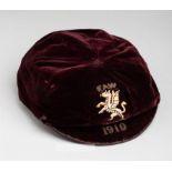 Wales international cap awarded to Billy Meredith in season 1909-10, the purple velvet cap