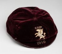 Wales international cap awarded to Billy Meredith in season 1909-10, the purple velvet cap