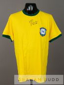 Pele signed yellow Brazil retro jersey, short-sleeved with green collar and C.B.D crest, signed PELE