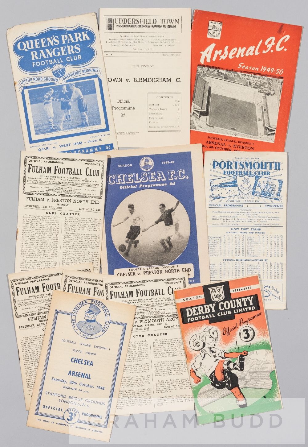 A collection of football programmes from the late 1940s featuring Chelsea, Arsenal, Derby County,