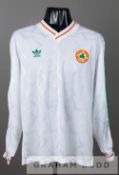 Denis Irwin white Republic of Ireland No.2 change jersey 1990-91, by Adidas, long-sleeved with