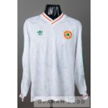 Denis Irwin white Republic of Ireland No.2 change jersey 1990-91, by Adidas, long-sleeved with