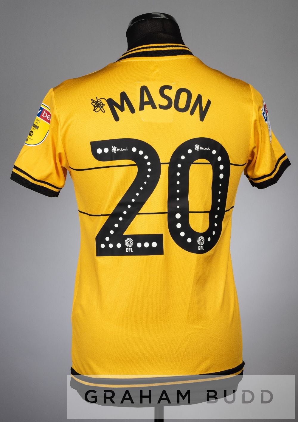 Two Joe Mason yellow and black MK Dons no.20 third choice jerseys, season 2019-20, both short- - Image 2 of 4