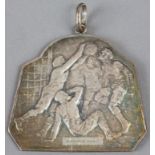 C.A. Spora Luxembourg 20th anniversary 1907-27 silvered medal, obverse with four footballers in