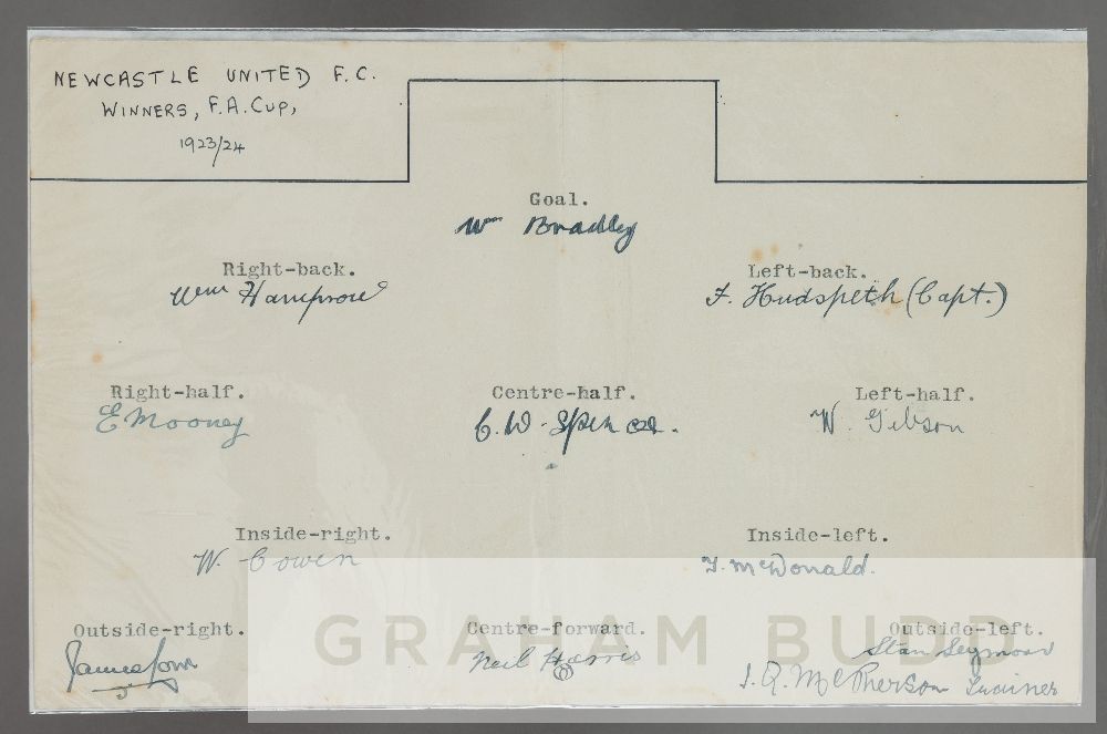 NEWCASTLE UNITED 1923-24 FA CUP WINNING TEAM ORIGINAL INK AUTOGRAPHED TEAM SHEET The 1924 FA Cup