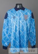 Chris Wood blue England No.13 1990 World Cup goalkeeper's jersey, by Umbro, long-sleeved with padded