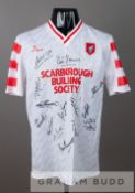 Alan Kamara team signed white and red Scarborough no.2 away jersey, season 1988-89, by Beaver,