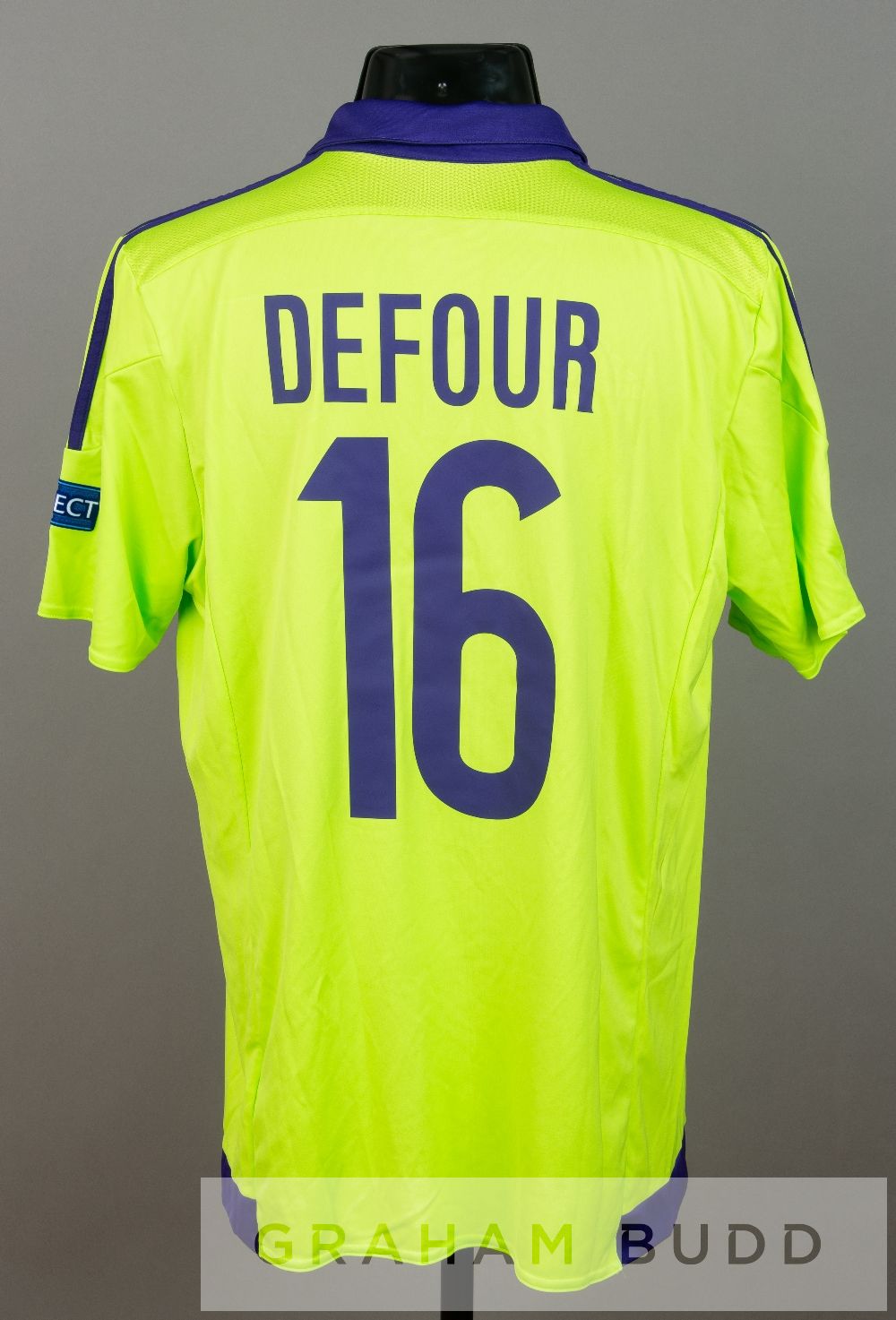 Defour lime green and purple Anderlecht no.16 jersey v Tottenham Hotspur in the UEFA Europa League - Image 2 of 2
