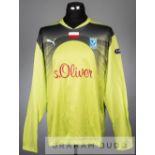 Buric lime green Lech Poznan no.30 goalkeeper's jersey v Manchester City in the UEFA Europa League