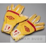 Joe Hart yellow and white England goalkeeper's gloves, by Umbro with red banding and J.H. with St.