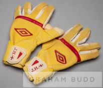 Joe Hart yellow and white England goalkeeper's gloves, by Umbro with red banding and J.H. with St.