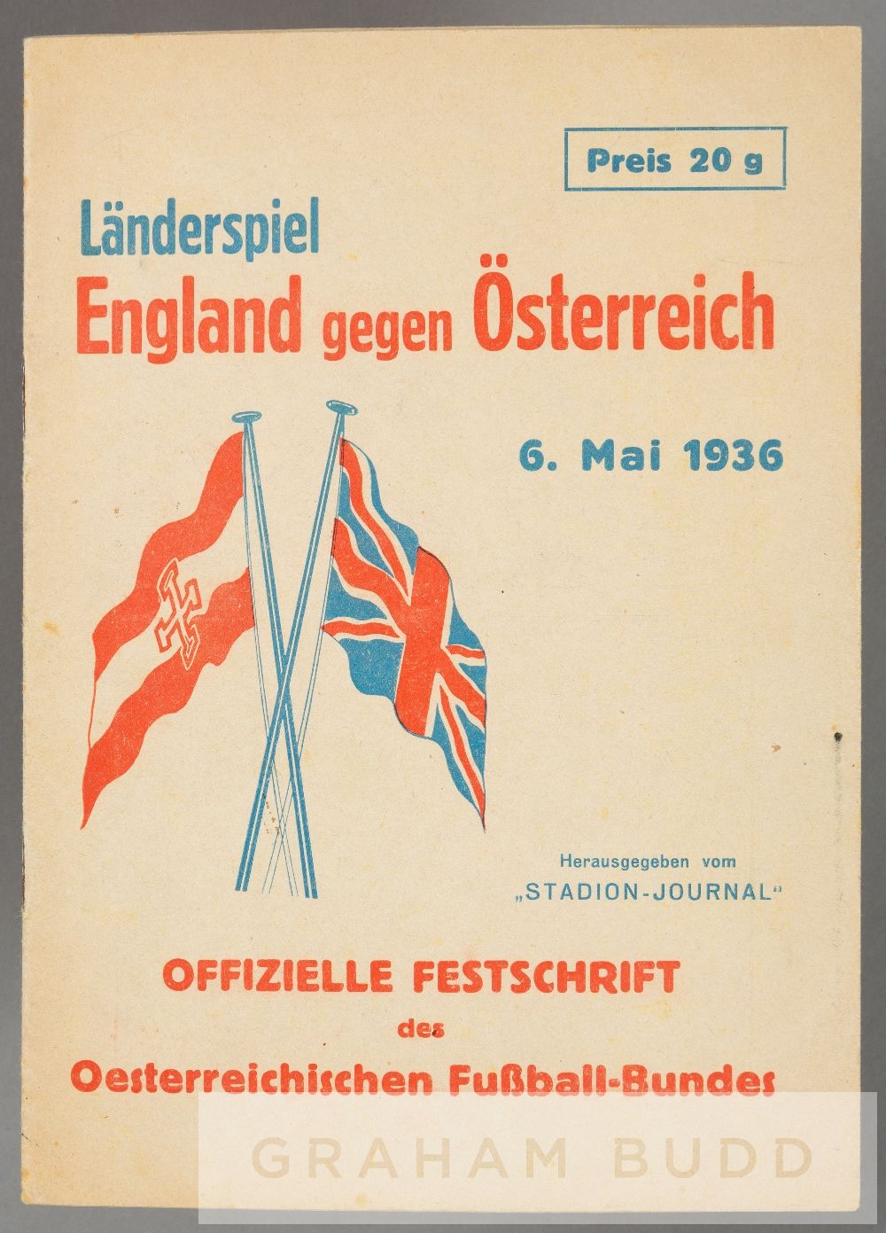 Austria v England international programme played in Vienna 6th May 1936, 16 pages with stiff outer