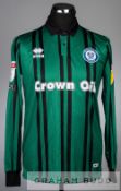 Two Rochdale AFC jerseys, the first a Stephen Humphrys green and black No.9 third choice jersey,