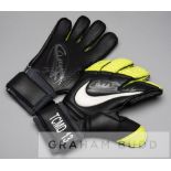 Chelsea's Thibaut Courtois signed Nike goalkeeper's gloves, black, yellow and white gloves printed