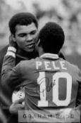 Pele signed b&w photographic print with Muhammad Ali,  featuring two of the 20th century greatest