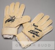 Chelsea's Ross Turnbull signed Puma goalkeeper's gloves, white and silvered gloves printed ROSS
